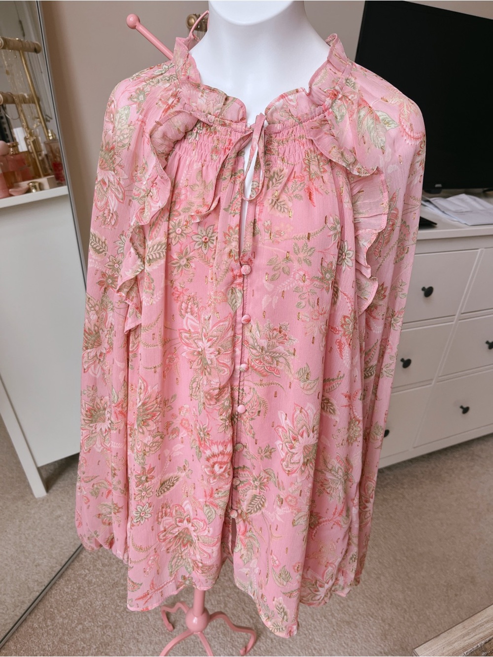 Pink Floral Ruffle-Trim Blouse